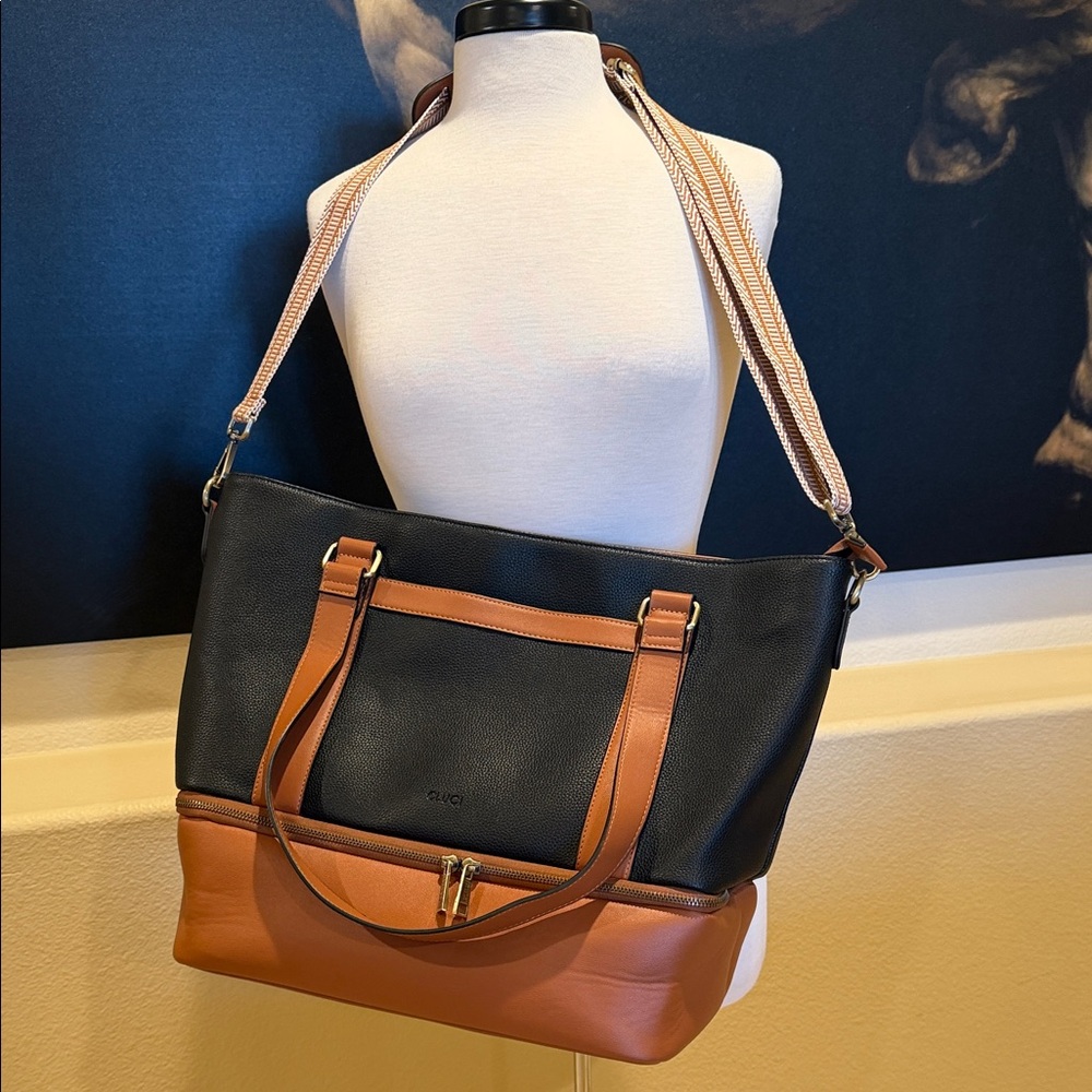Cluci Travel Duffel Weekender Two-Tone Black & Tan Leather Tote Carry On